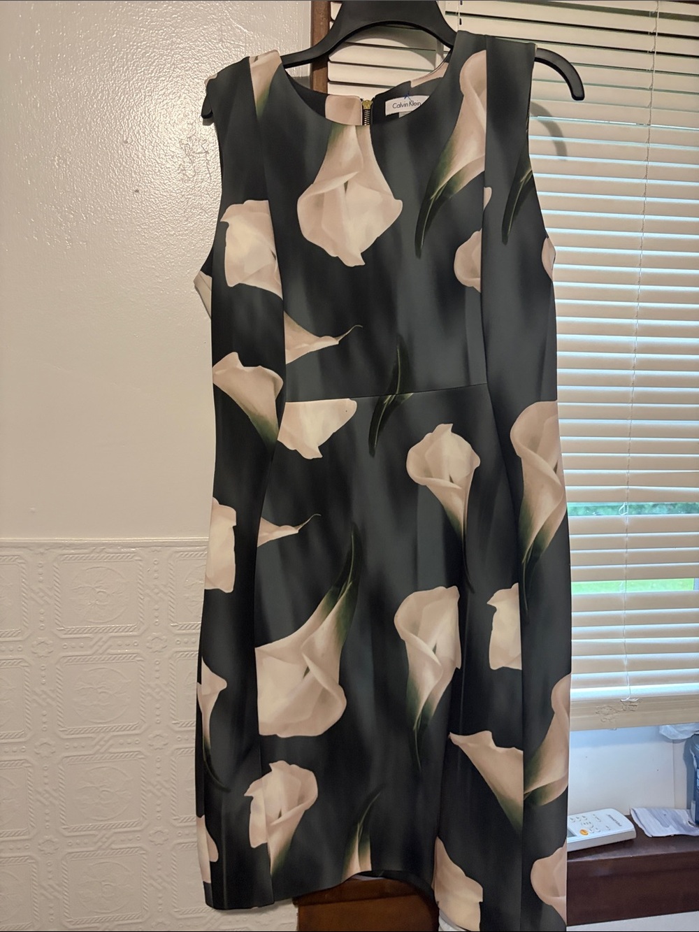 Calvin Klein Black Sheath Dress with White Floral Calla Print